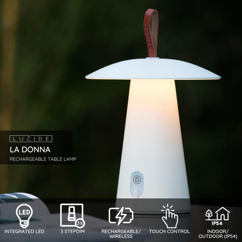 Lucide LA DONNA - Nabíjacia stolová lampa Outdoor - Batéria - Ø 19,7 cm - LED Rozm. - 1x2W 2700K - IP54 - 3 StepDim - Biela